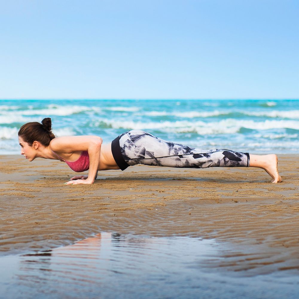 Woman Planking Stretching Flex Training Healthy Lifestyle Beach Concept