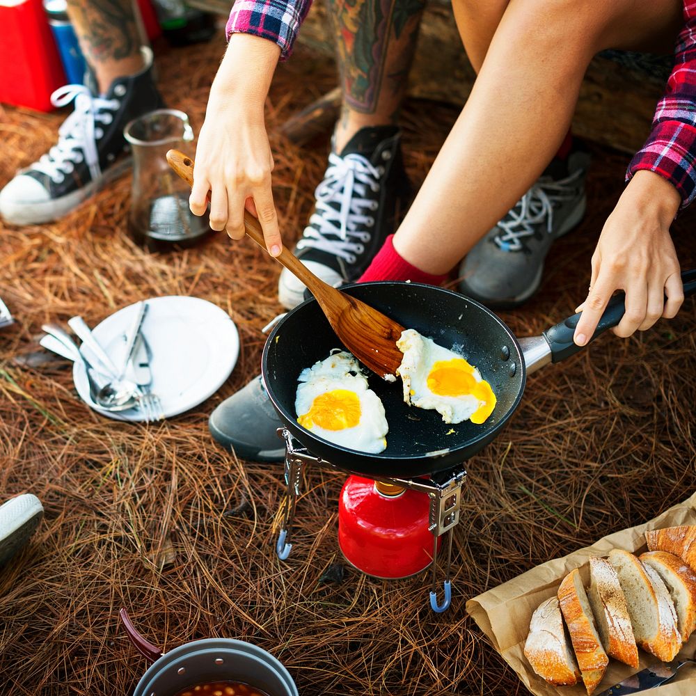 Breakfast Bean Egg Bread Coffee Camping Travel Concept