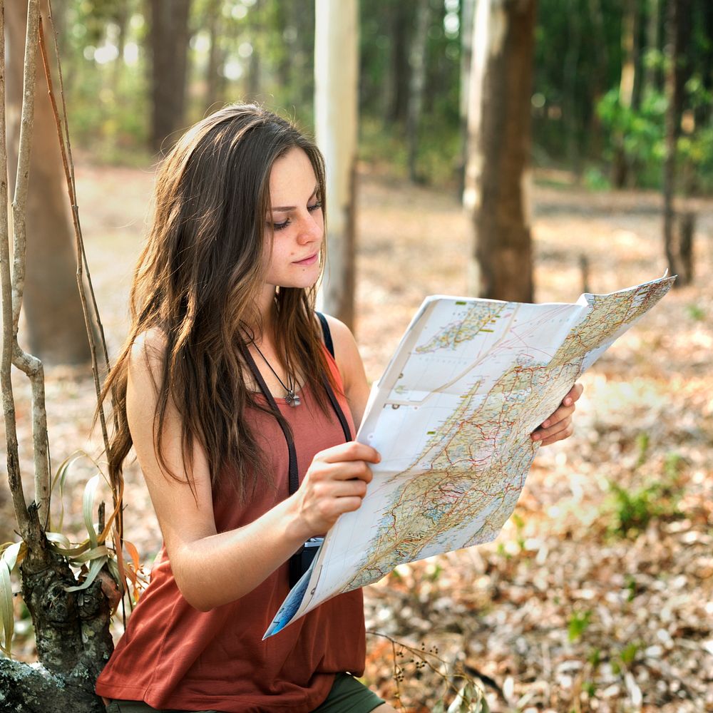 Girl Map Outdoors Travel Concept