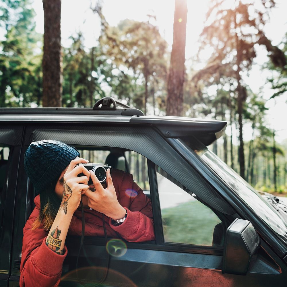 Guy Taking Photos Road Trip Concept