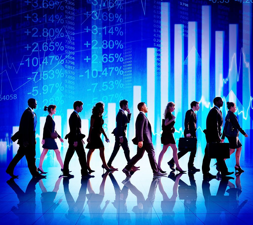 Business People Walking Financial Figures Concept