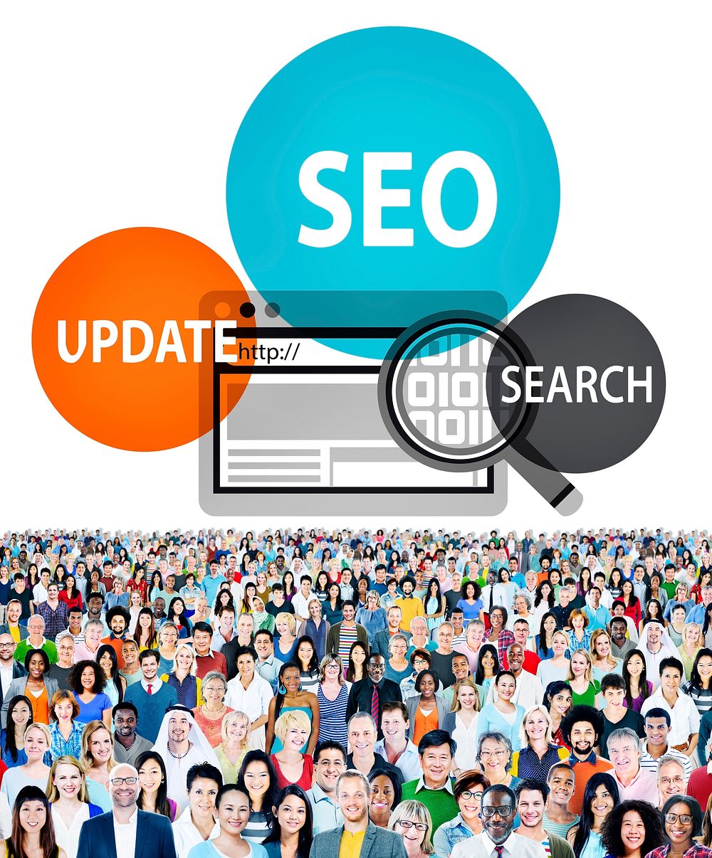 SEO graphic overlay on a huge crowd of people