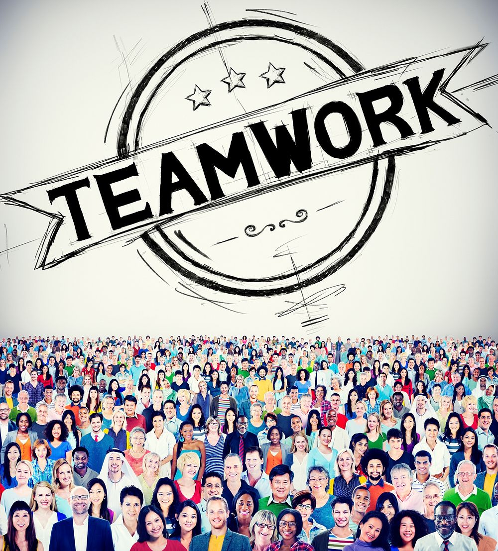 Crowd of people with teamwork banner
