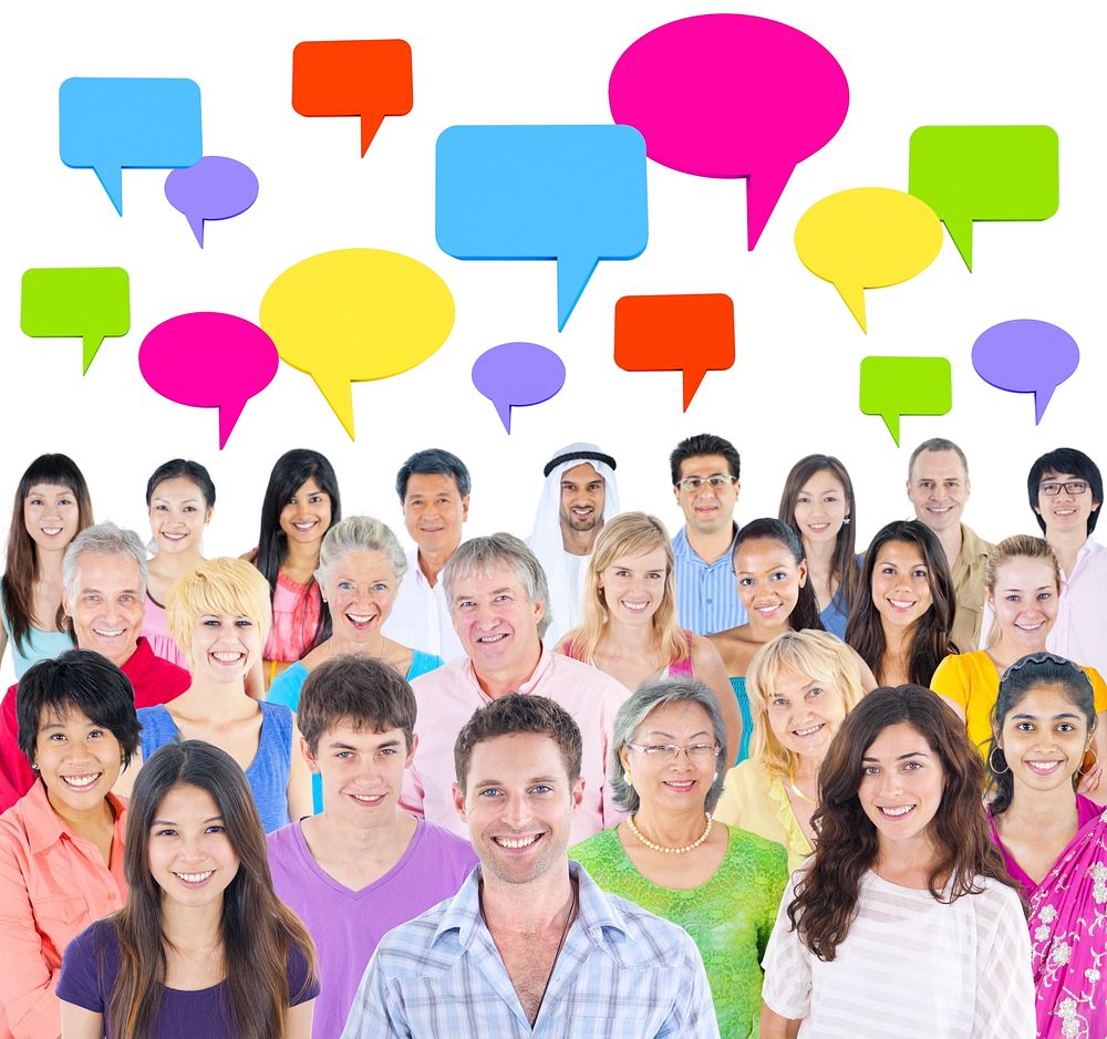multi-ethnic group of people isolated on white background with speech bubbles.