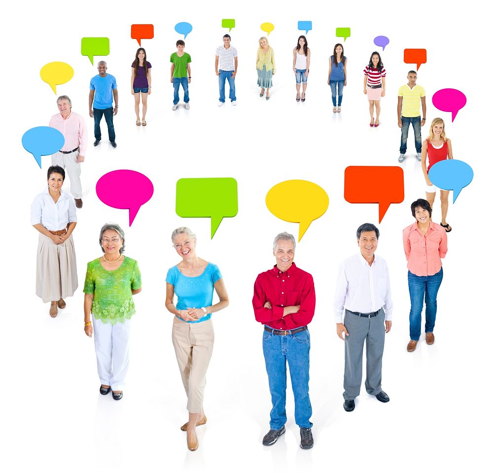 multi-ethnic group of people standing in a circle isolated on white background with speech bubbles .