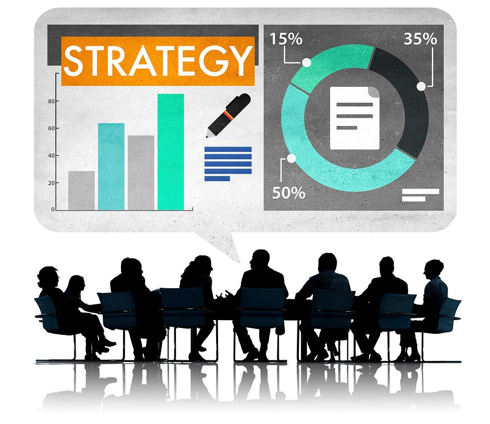 Business strategy illustration with silhouette of business people at a meeting table
