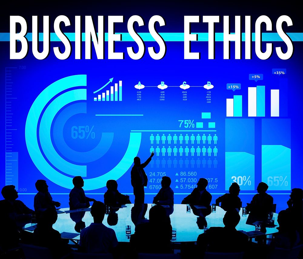 Business ethics illustration with silhouette of business people at a meeting table