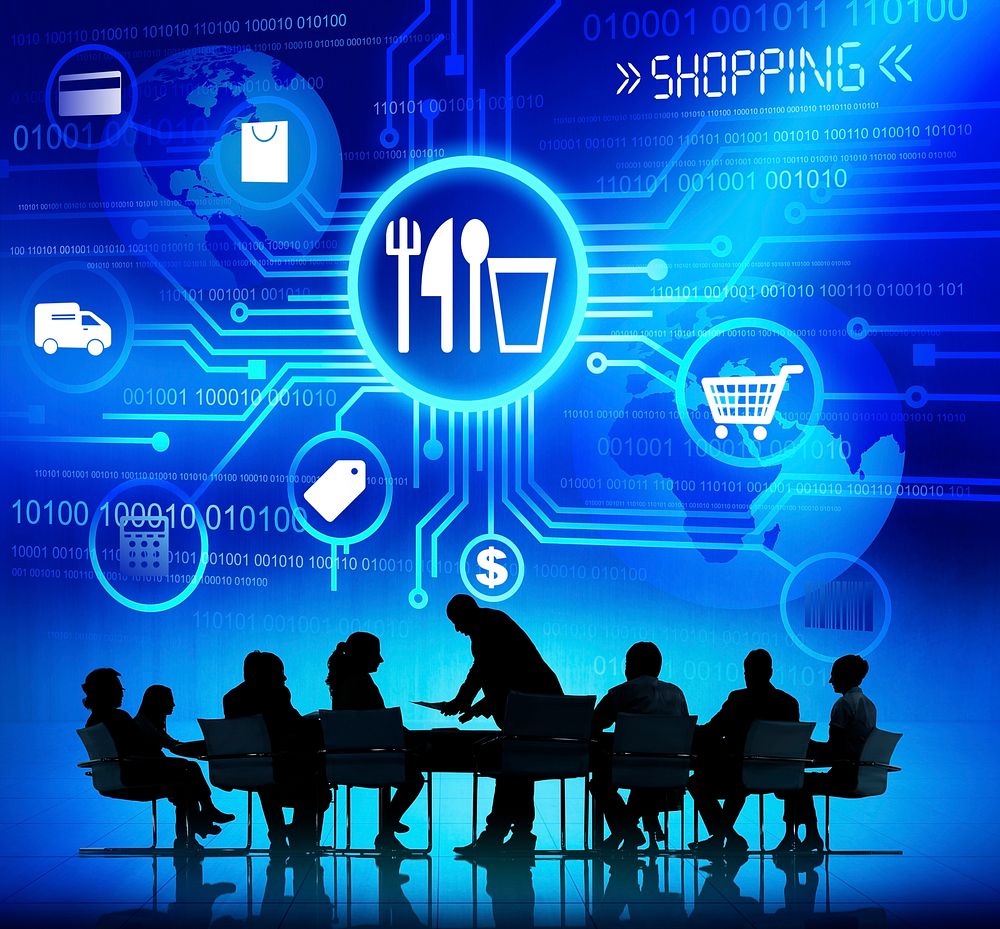 Silhouettes of Business People Having a Meeting and Shopping Concept