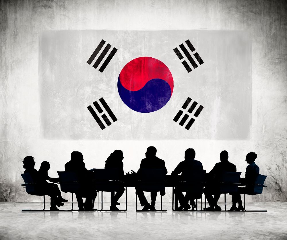 Business People and the National Flag of Korea