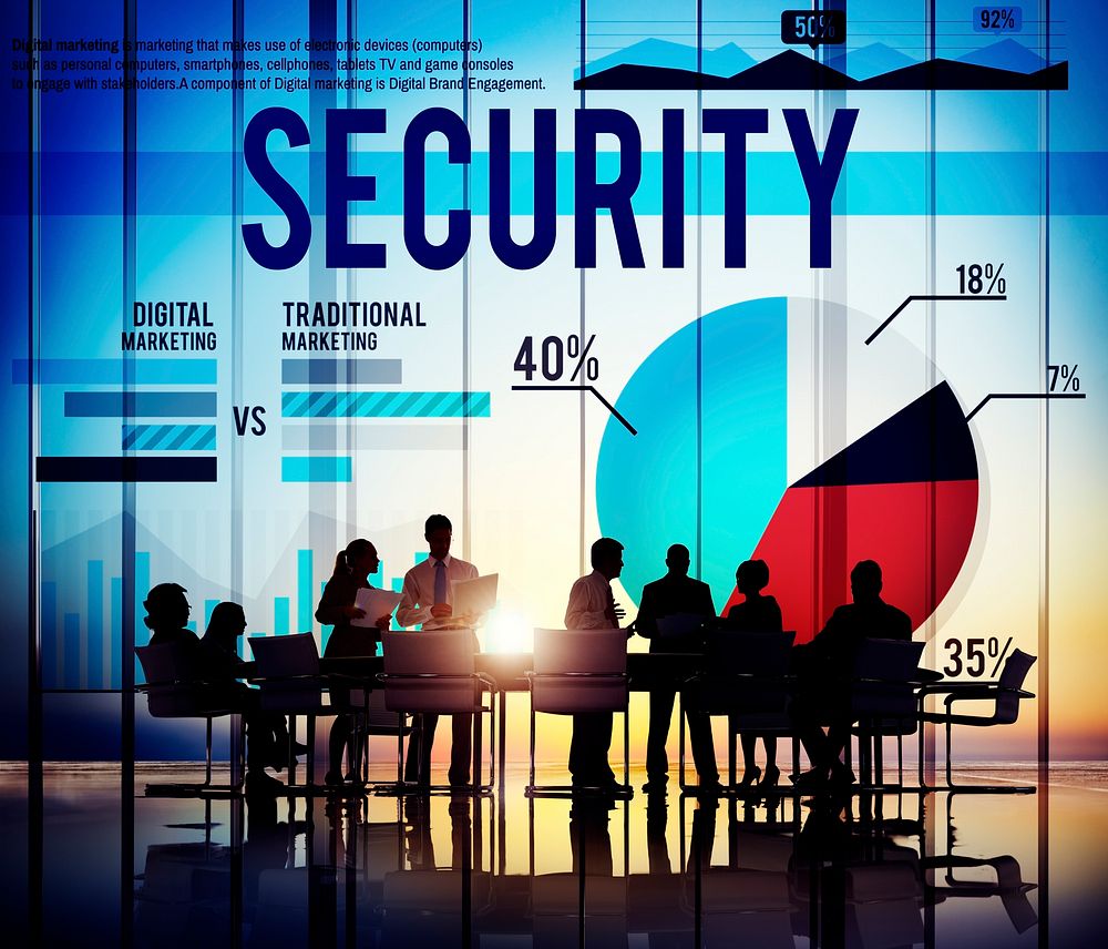 Security illustration with silhouette of business people at a meeting table