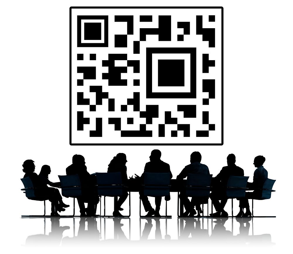 QR Code with silhouette of business people at a meeting table