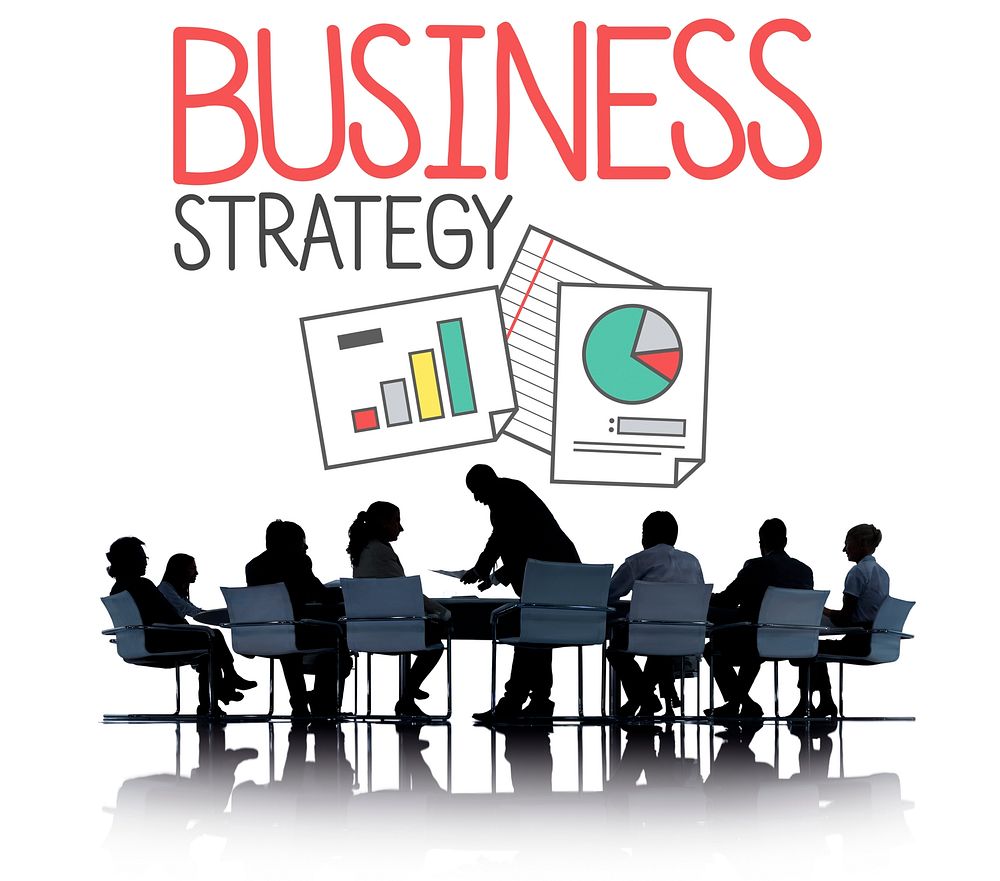 Business strategy illustration with silhouette of business people at a meeting table