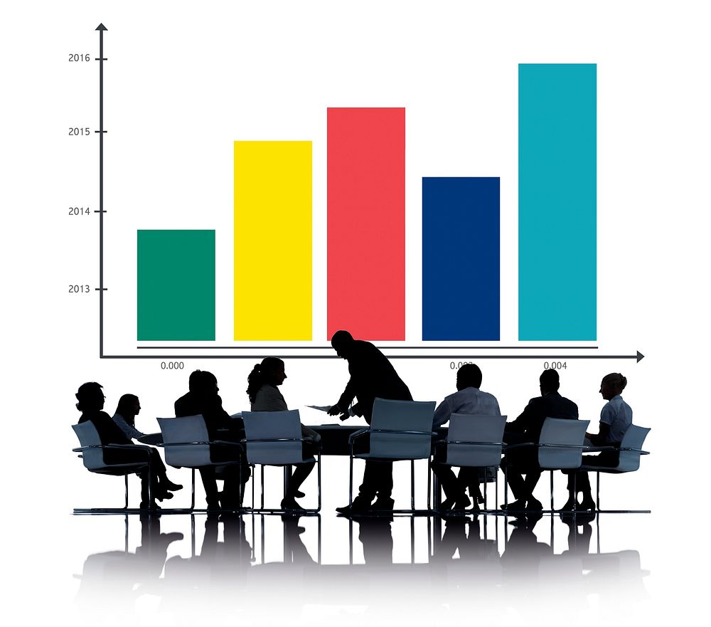 Bar graph illustration with silhouette of business people at a meeting table