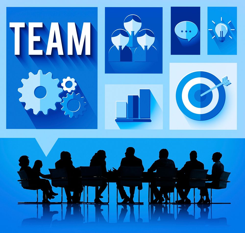 Team illustration with silhouette of business people at a meeting table