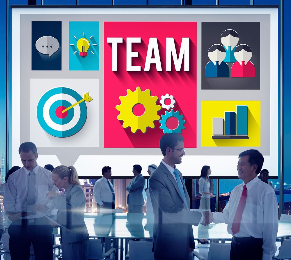 Team illustration with silhouette of business people in a meeting room