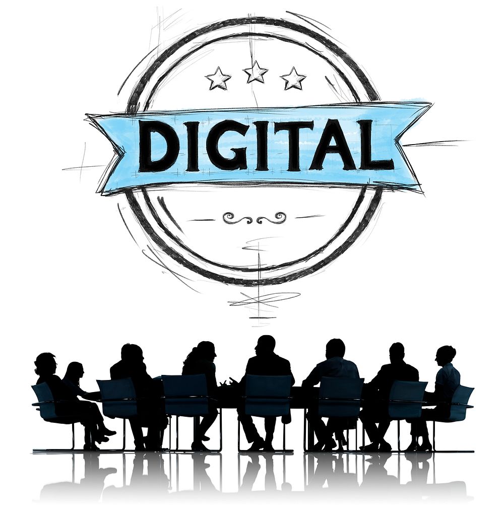 Digital banner with business people's silhouette in a meeting