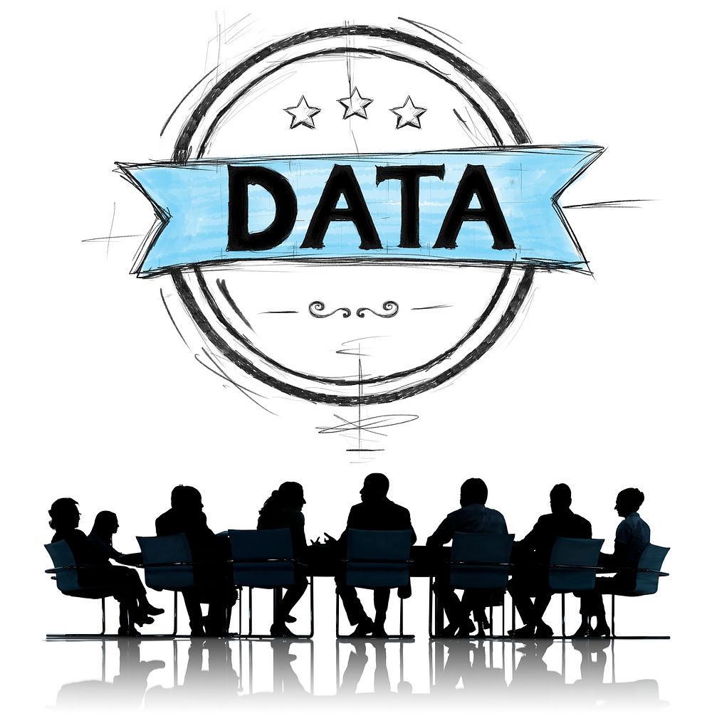 Data banner illustration with silhouette of business people at a meeting table