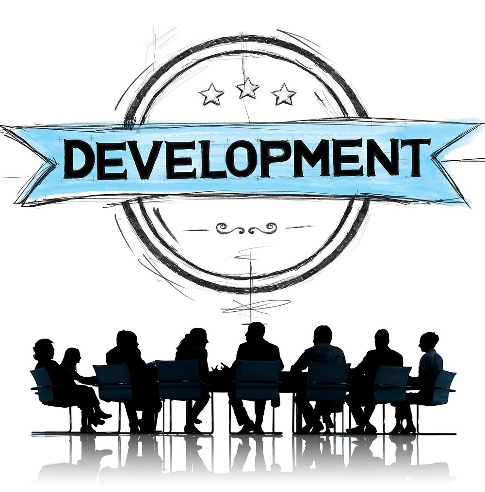 Development banner illustration with silhouette of business people at a meeting table