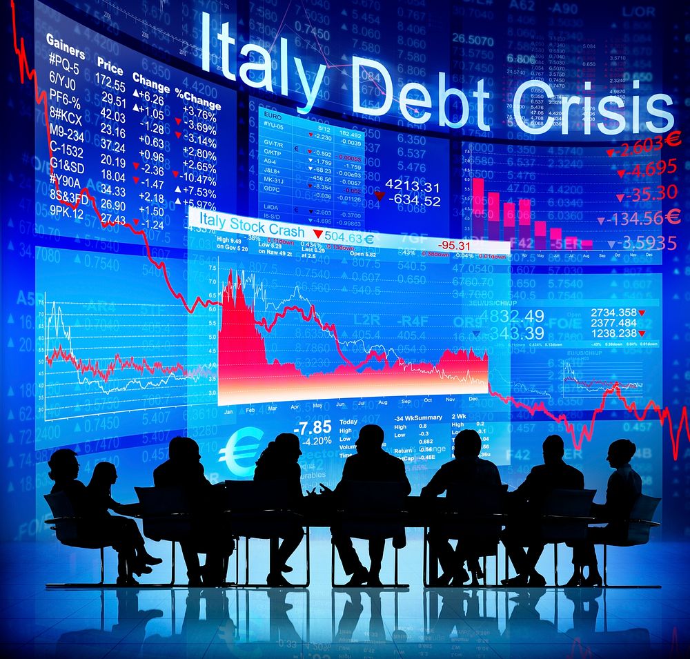 Silhouette of Business People and Italy Debt Crisis