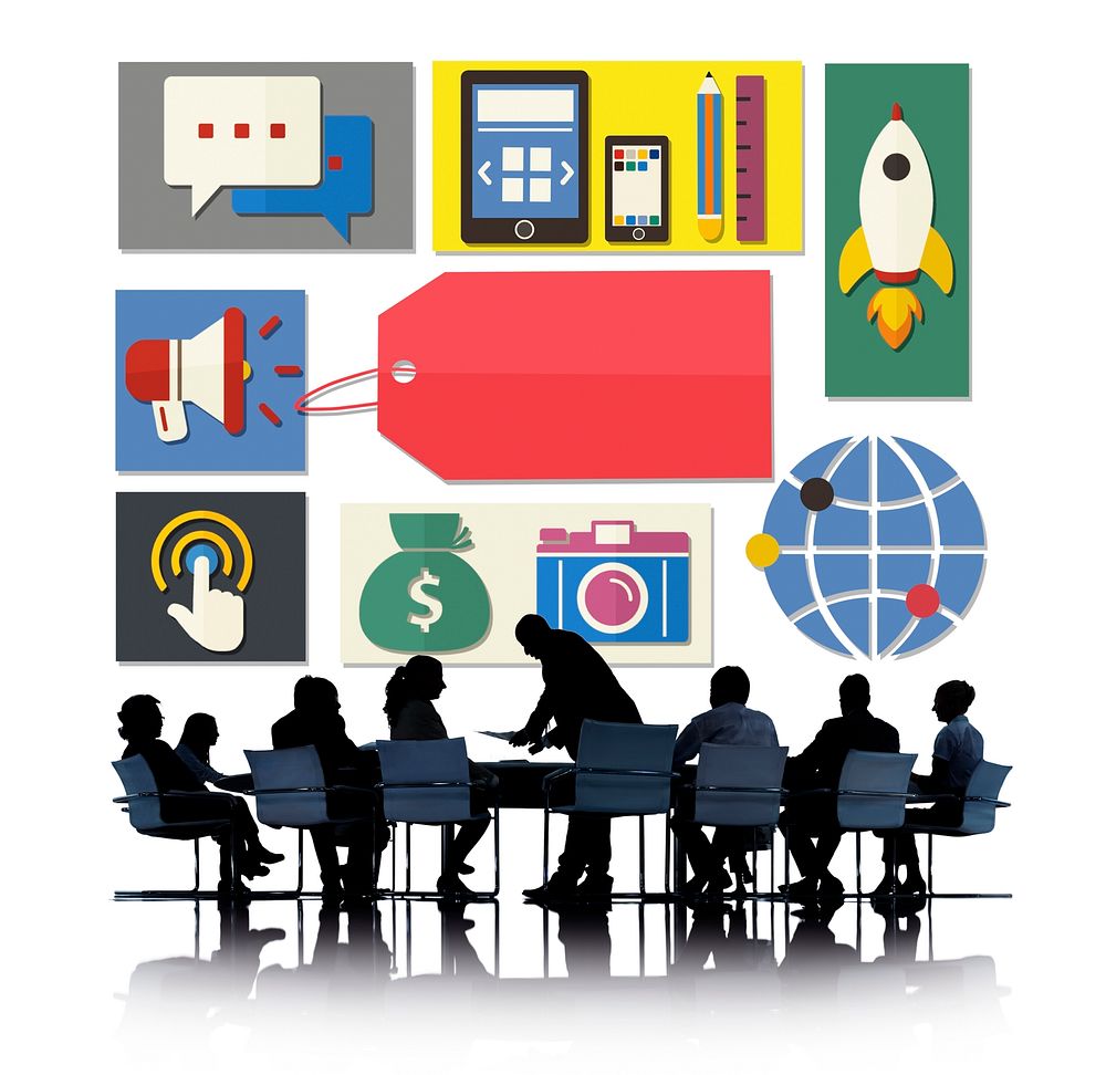 Random technology illustration with silhouette of business people at a meeting table