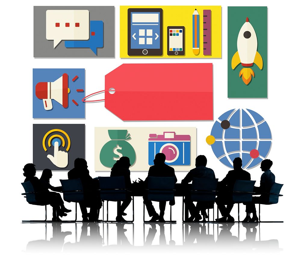 Business branding illustration with silhouette of business people at a meeting table