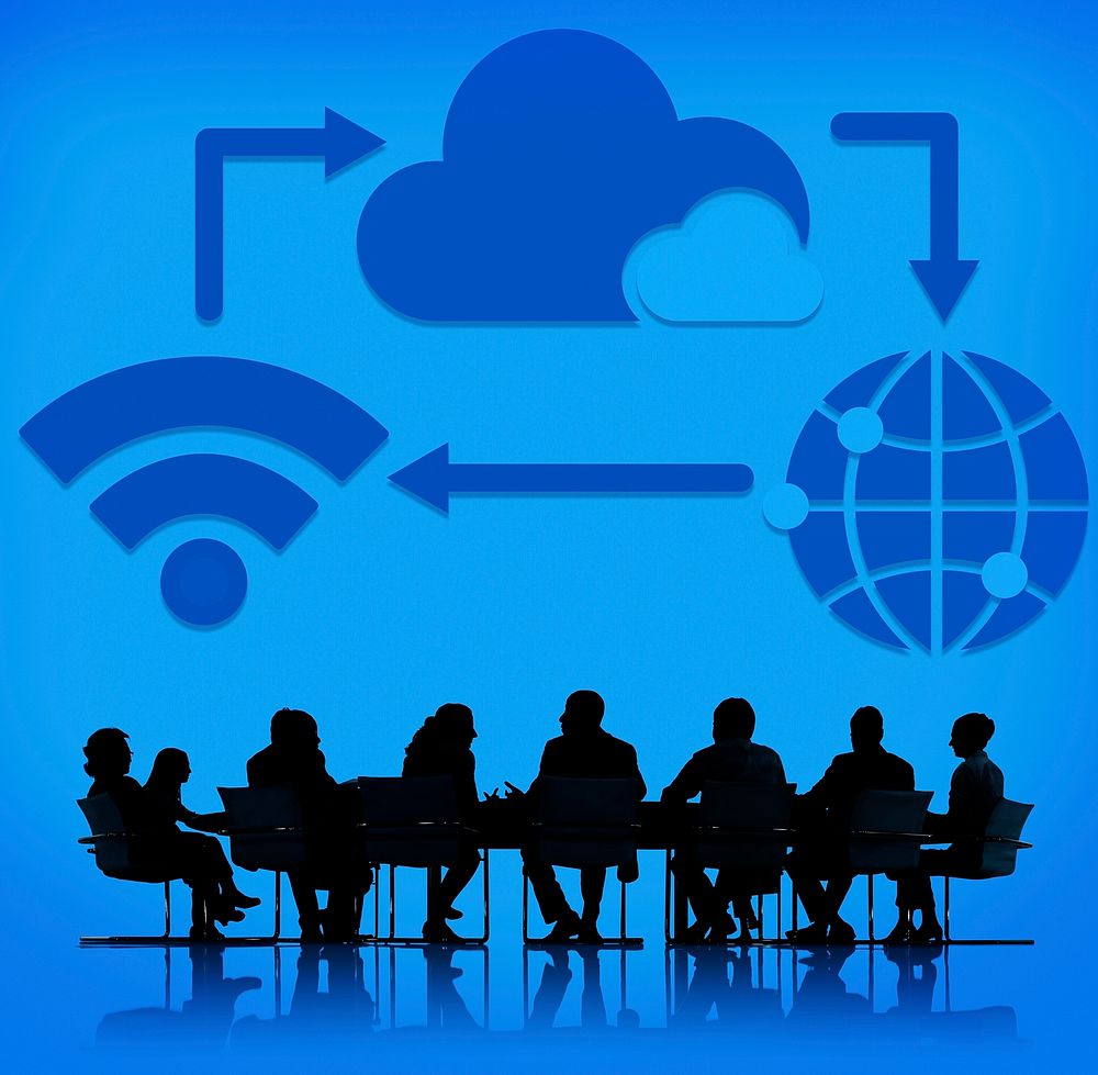 Connection diagram and silhouette of business people at a meeting table
