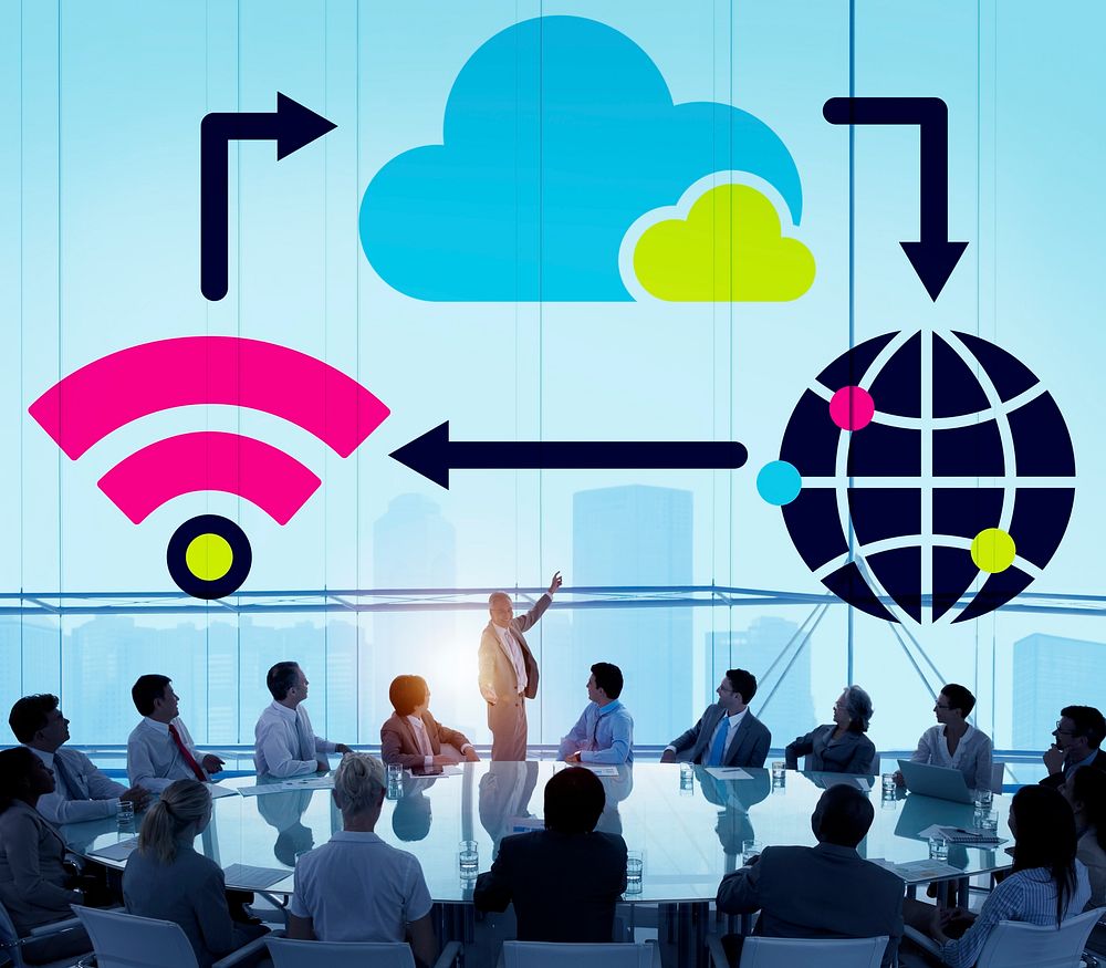 Cloud network illustration with silhouette of business people at a meeting table