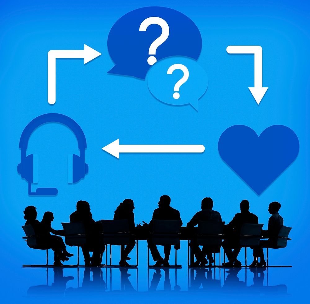 Social media illustration with silhouette of business people at a meeting table