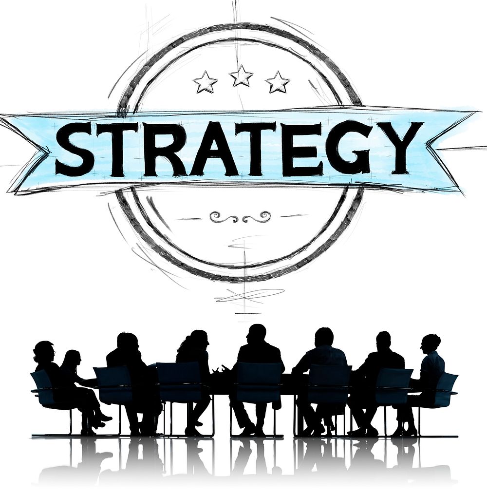 Strategy banner illustration with silhouette of business people at a meeting table