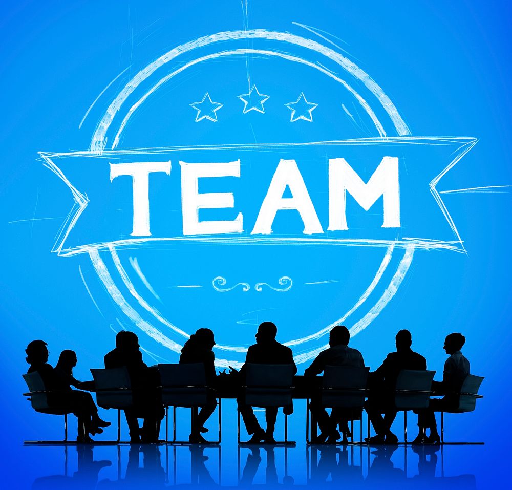 Team banner illustration with silhouette of business people at a meeting table