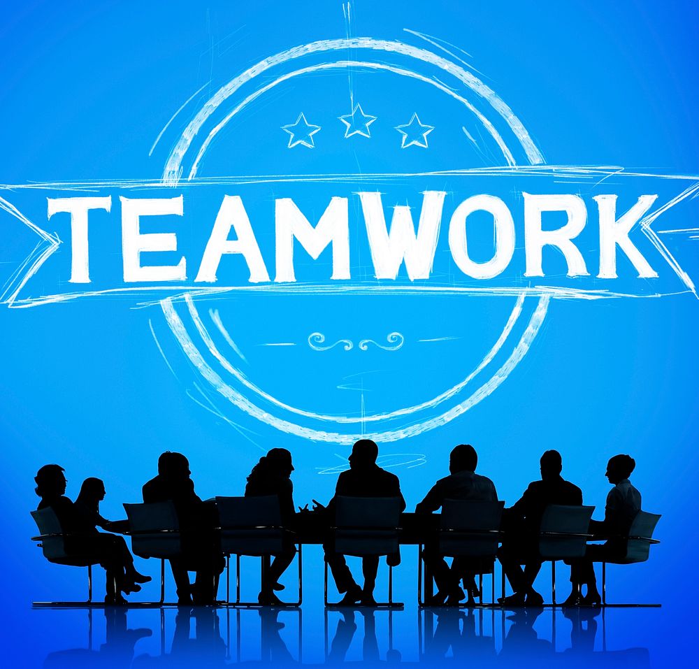 Teamwork banner illustration with silhouette of business people at a meeting table