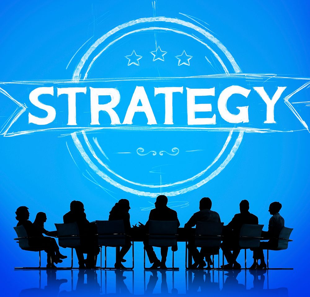 Strategy banner illustration with silhouette of business people at a meeting table
