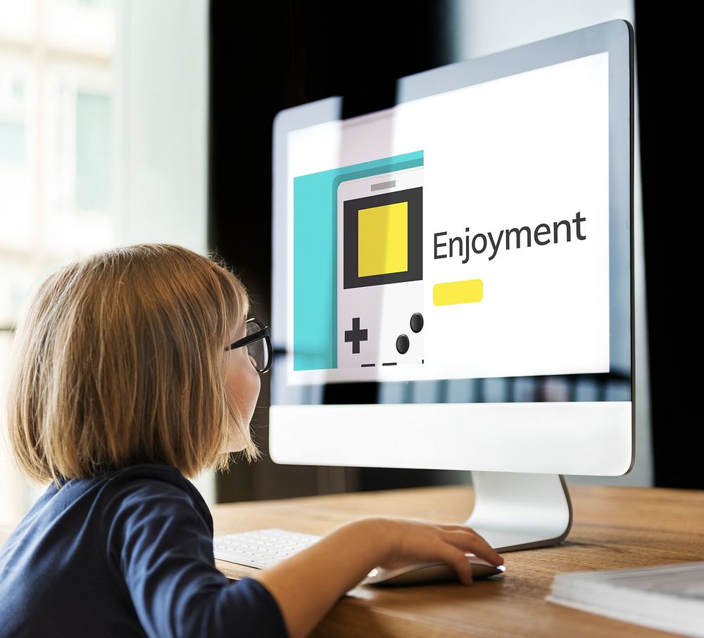 Young girl working on computer network graphic overlay