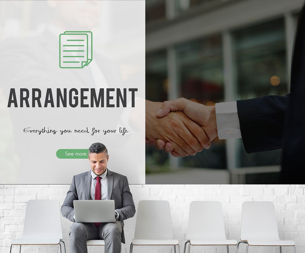 Arrangement word on business handshake background