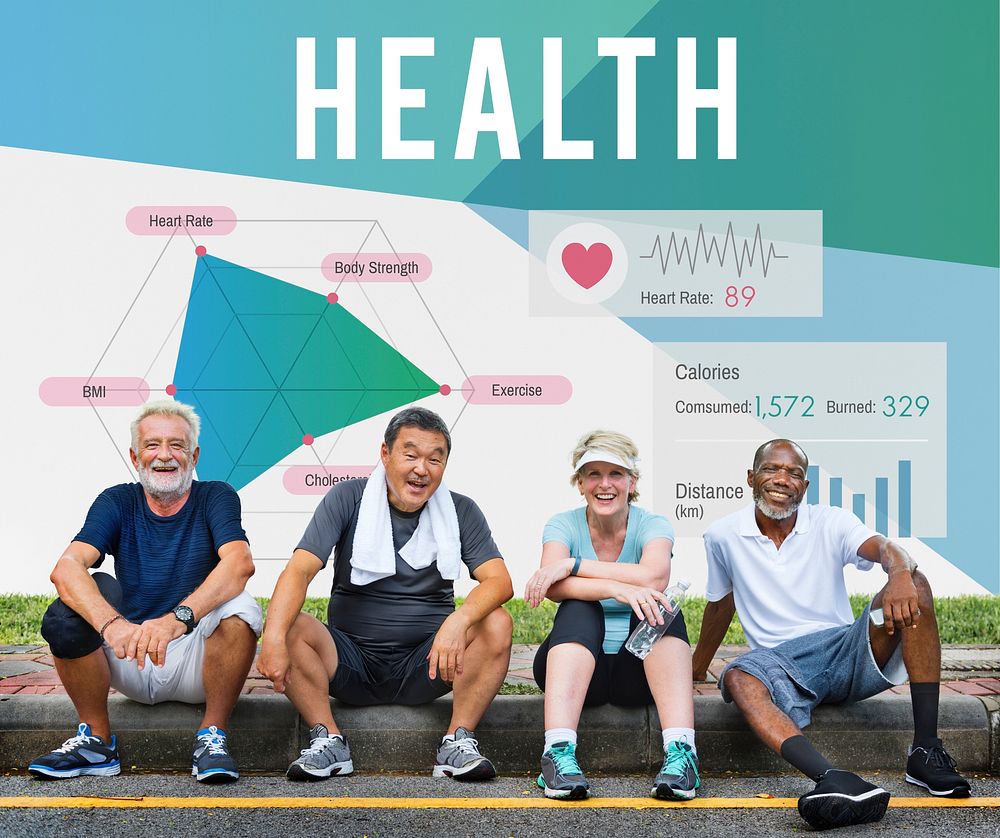 Health diagram behind a group of senior people resting after a workout