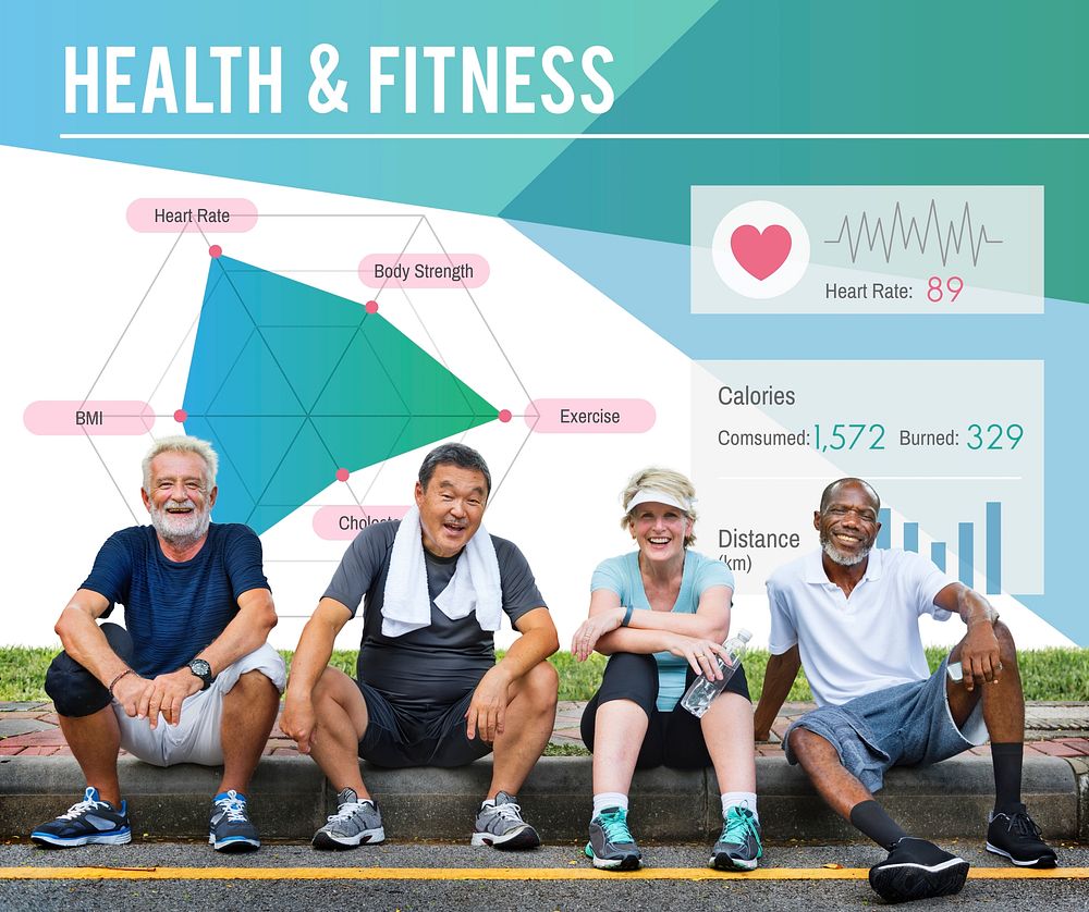 Health diagram behind a group of senior people resting after a workout