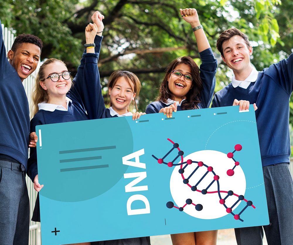 Group of students holding dna strand graphic banner