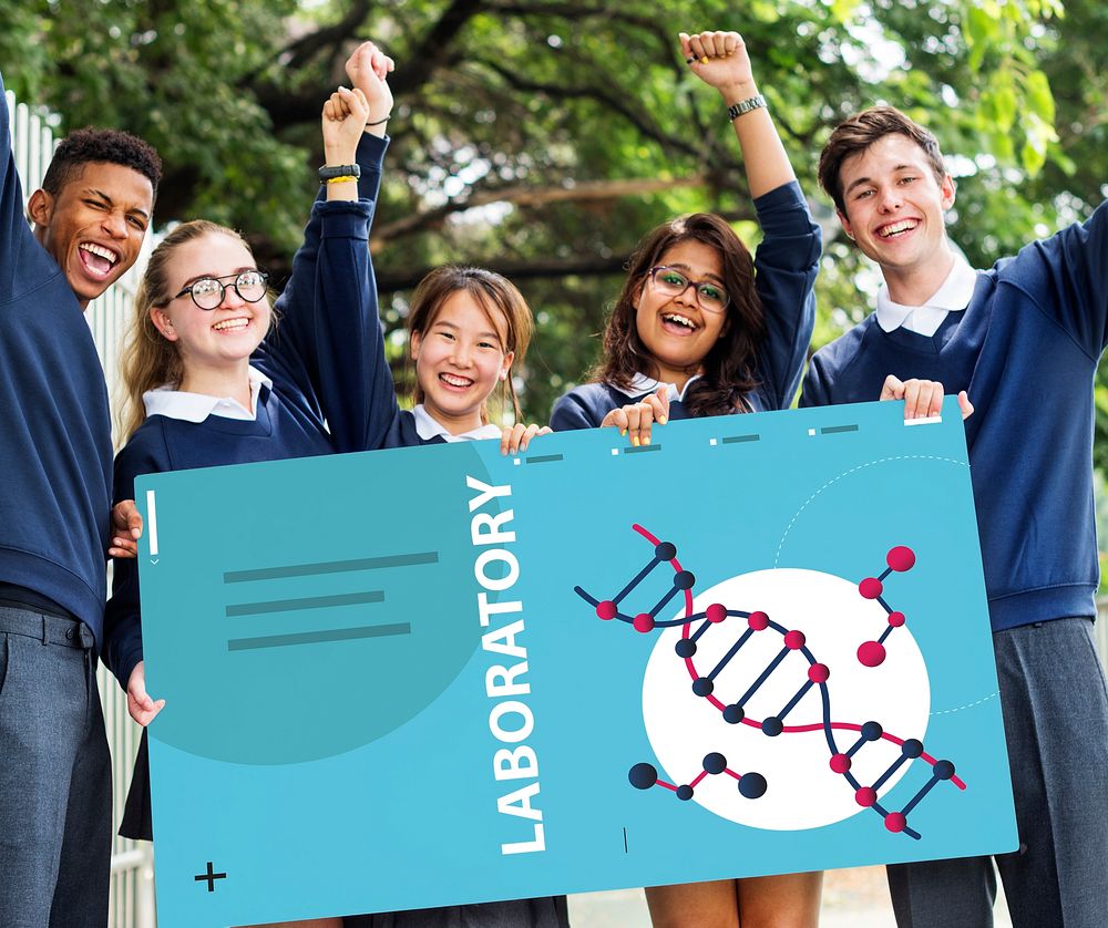 Group of students holding dna strand graphic banner