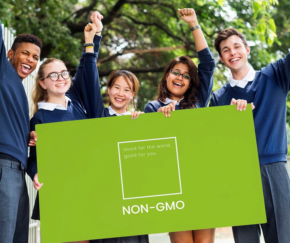 Group of students holding laptop network graphic overlay banner