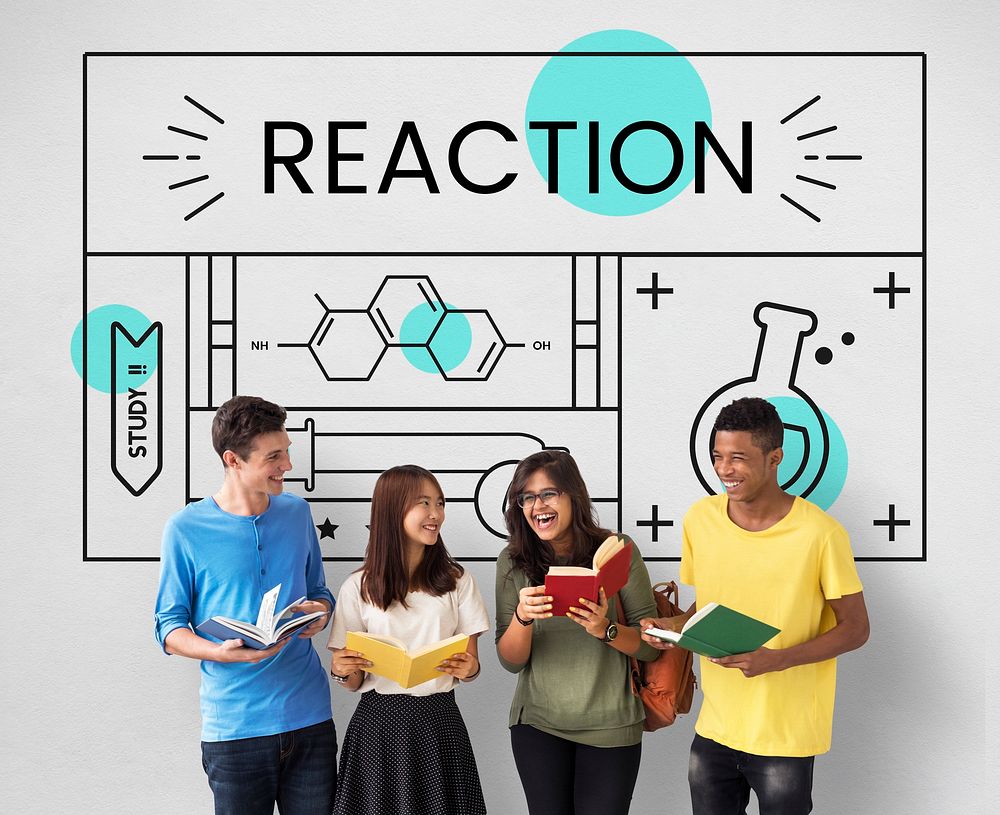 Group of students with illustration of science chemistry experiment study