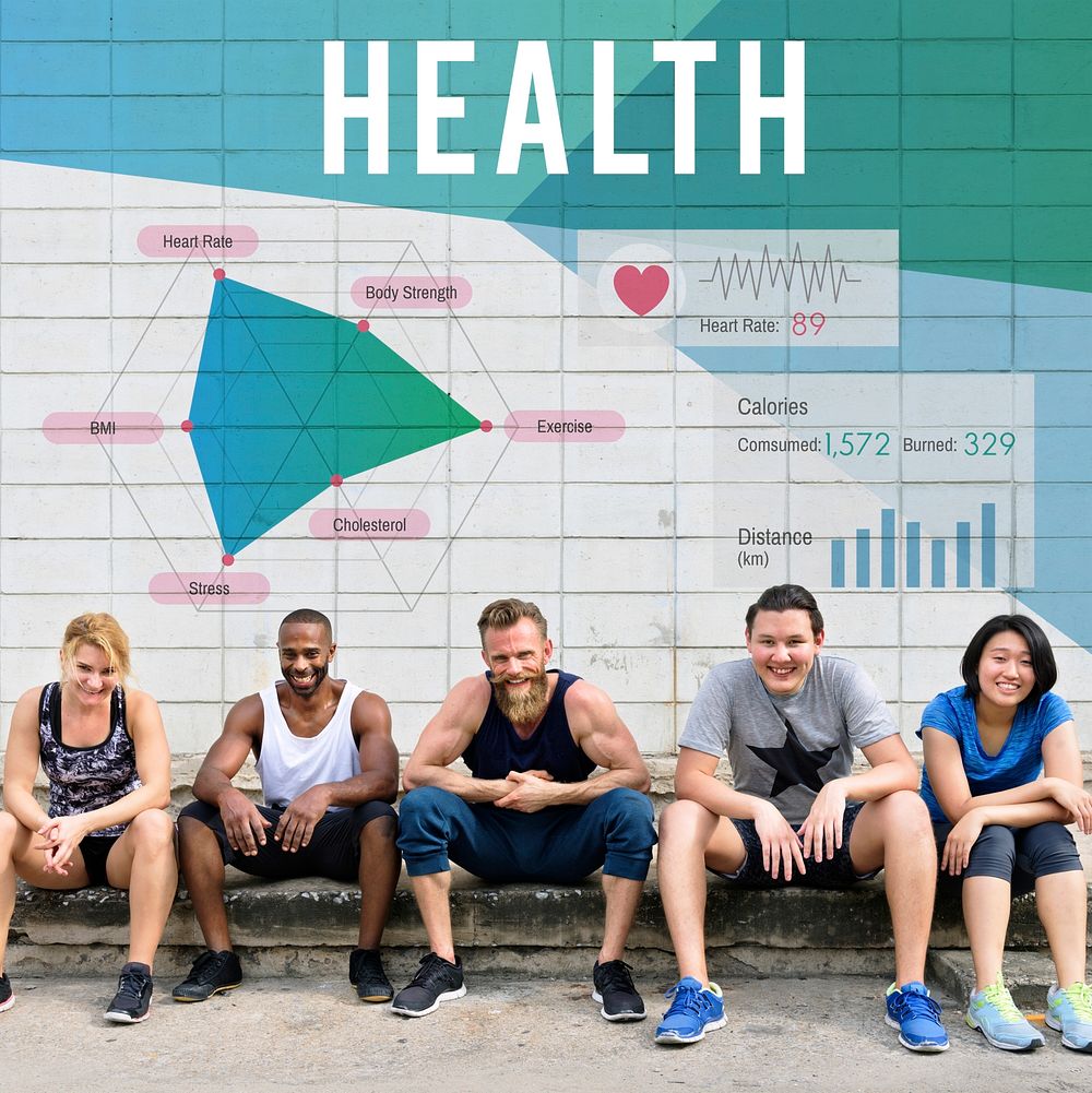 Group of people in gym clothes with health diagram the wall