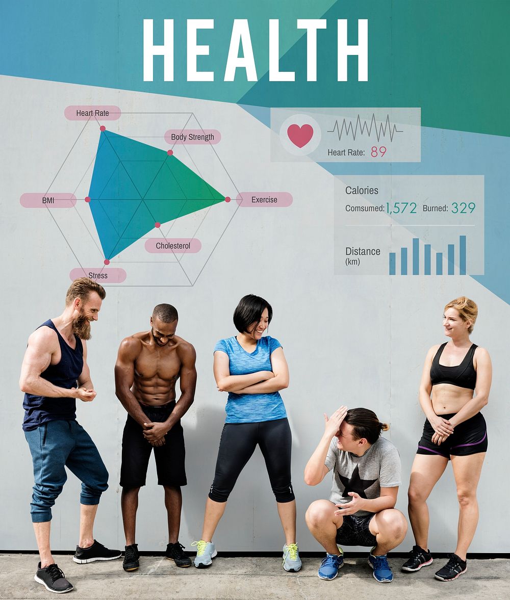 Group of people in gym clothes with a health diagram on the wall