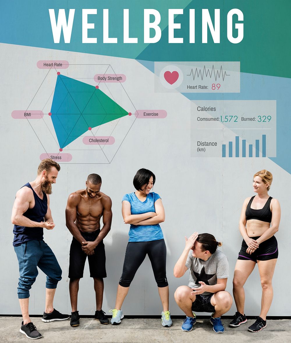 Group of people in gym clothes with a health diagram on the wall