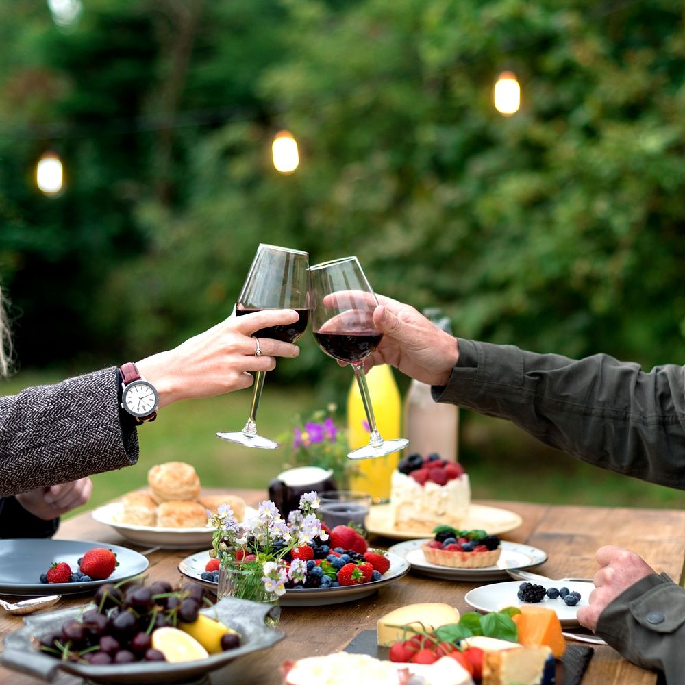 A toast at an outdoor dinner