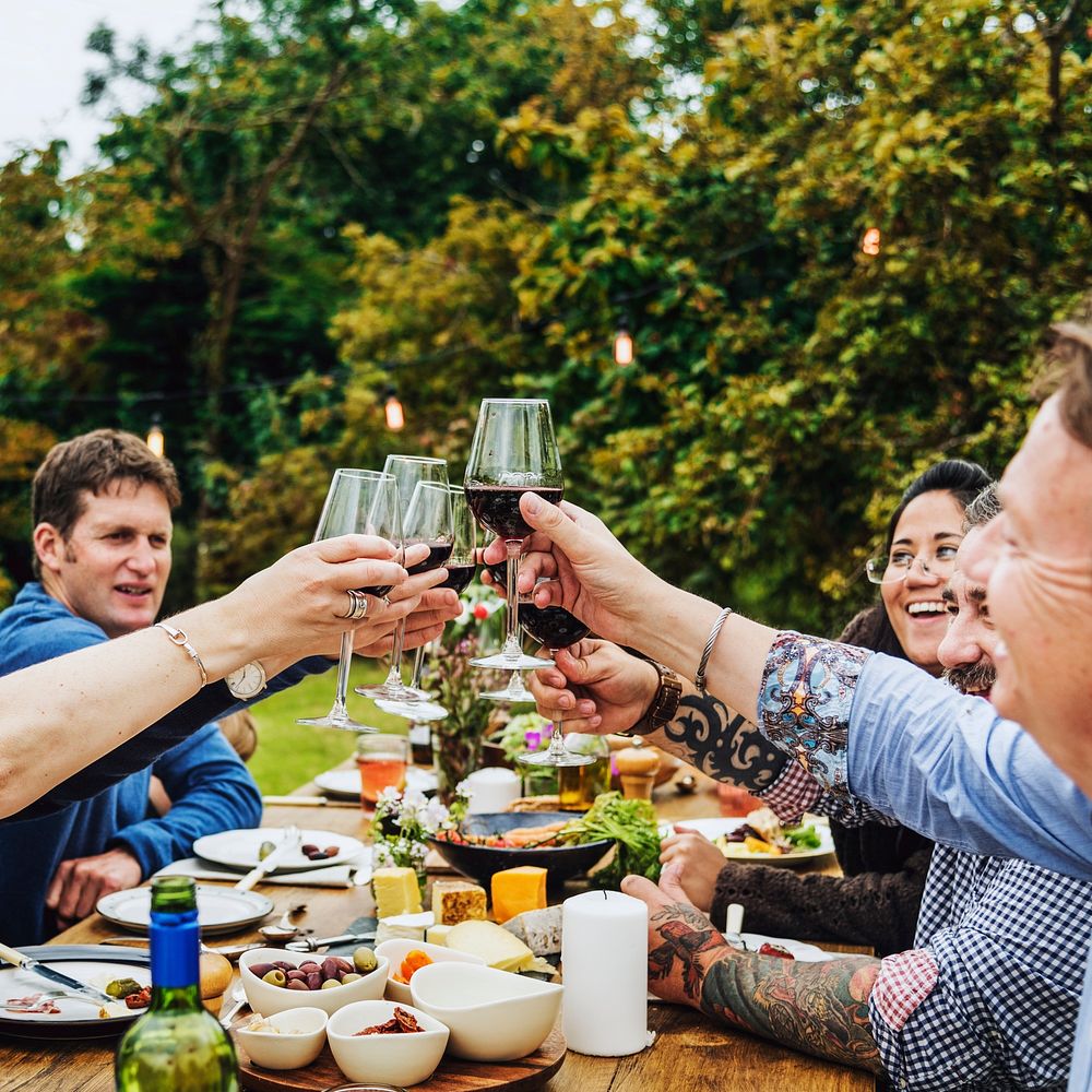 A toast at an outdoor dinner