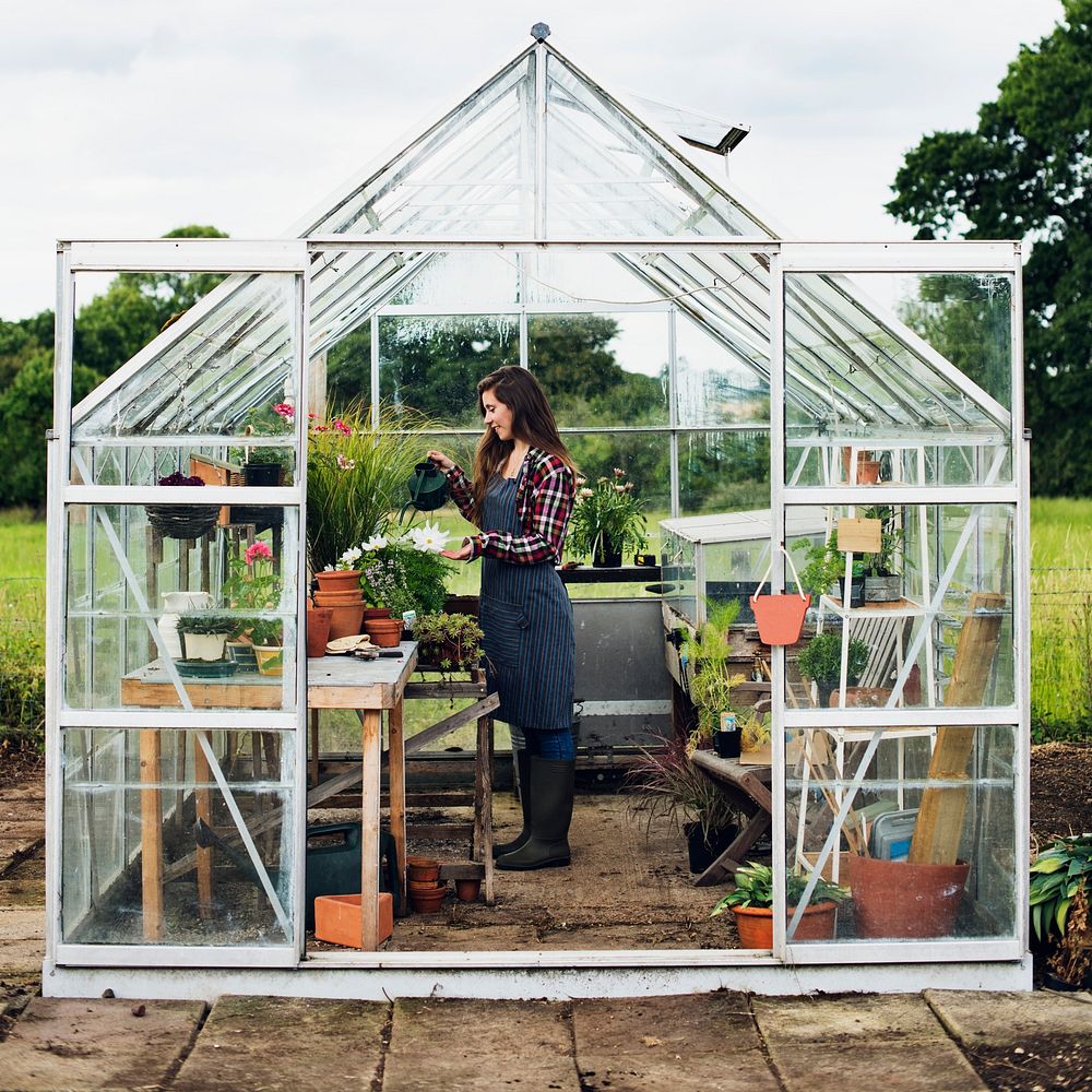 Young woman in the glass greenhouse