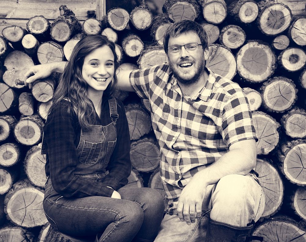Family Father Daughter Smiling Togetherness Sawmill Concept