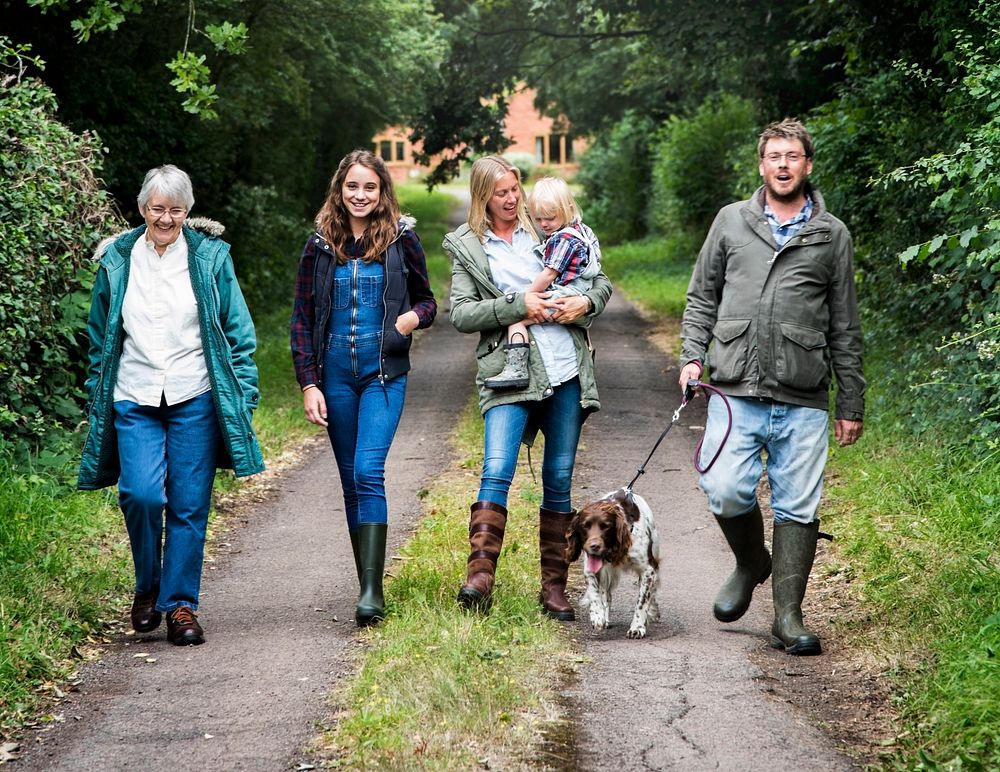 Family Walking Dog Togetherness Nature Concept