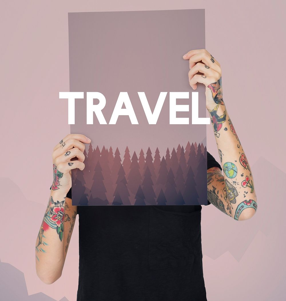 Travel word on nature background with trees
