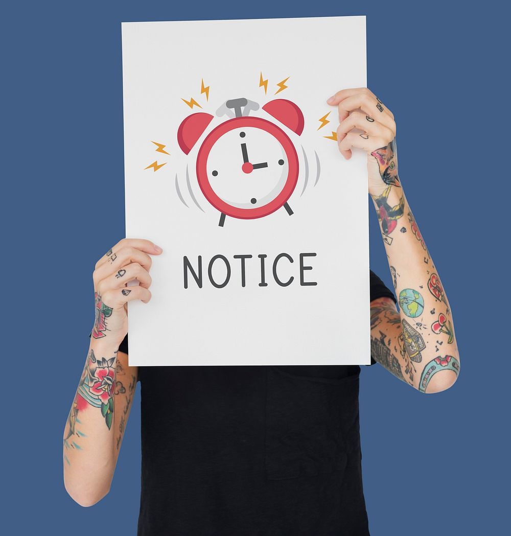 Tattoo woman holding banner of alarm clock icon notification illustration